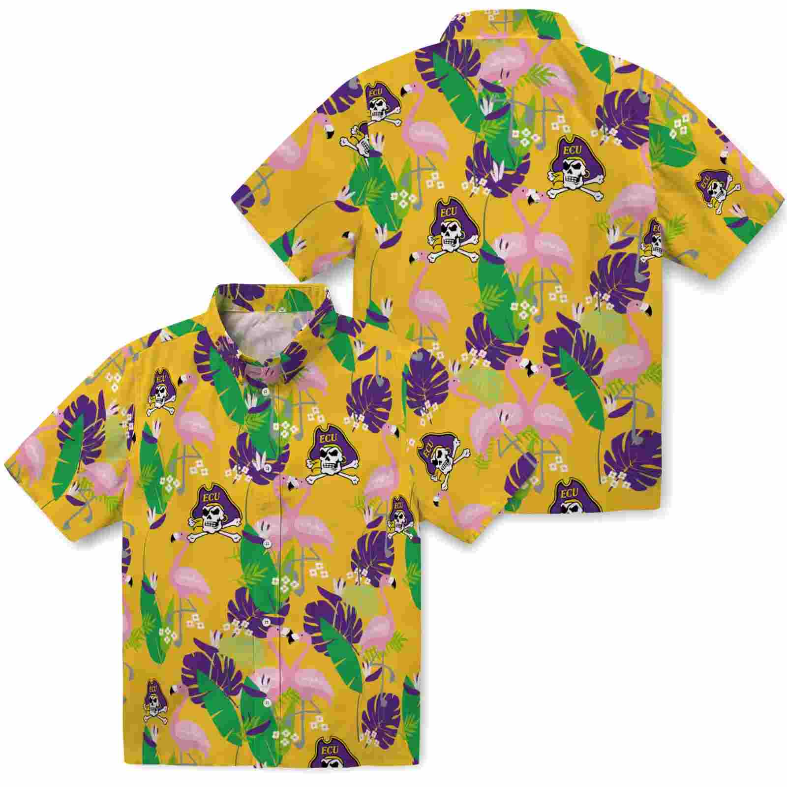 east carolina pirates flamingo foliage purple green hawaiian shirt high quality