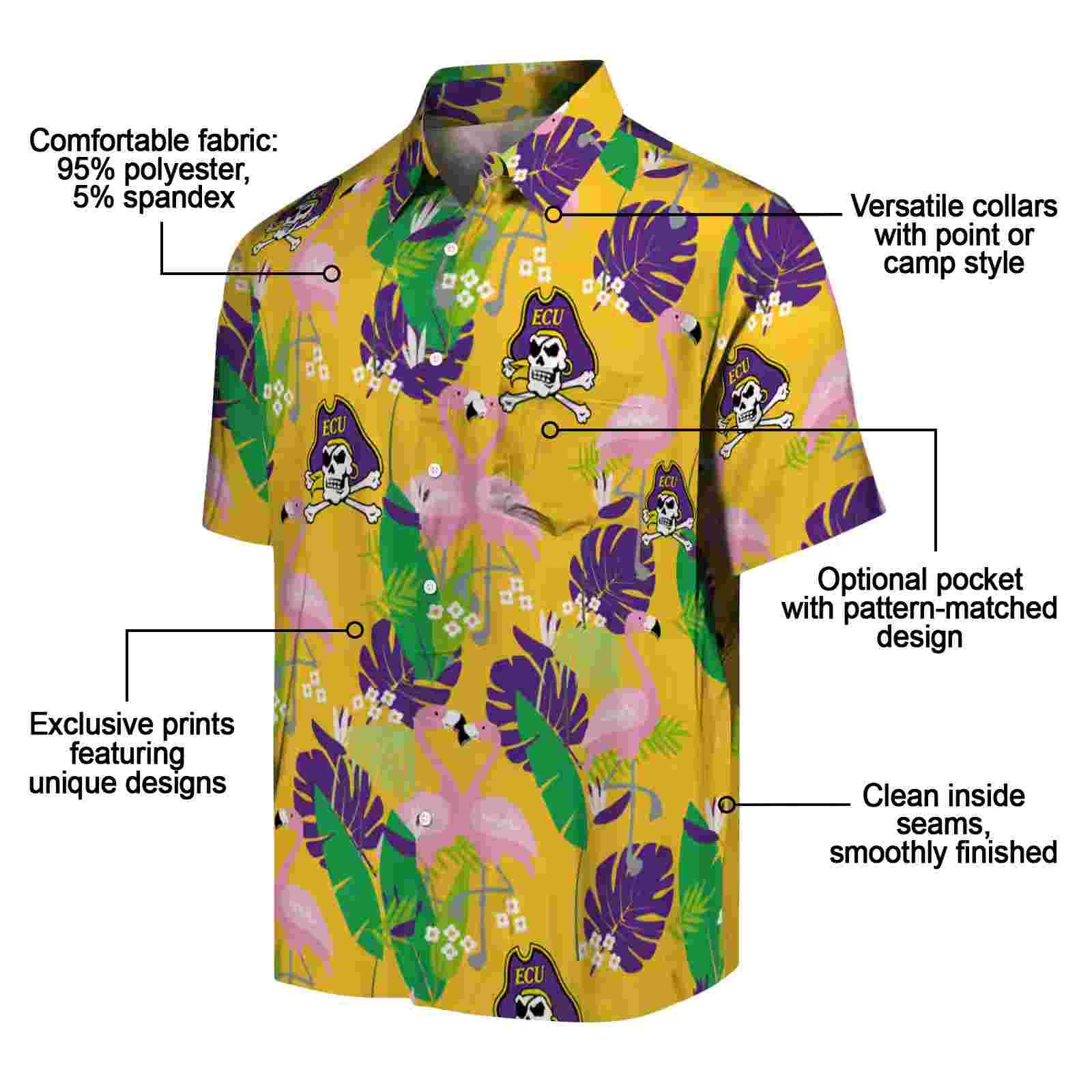 east carolina pirates flamingo foliage purple green hawaiian shirt new arrival