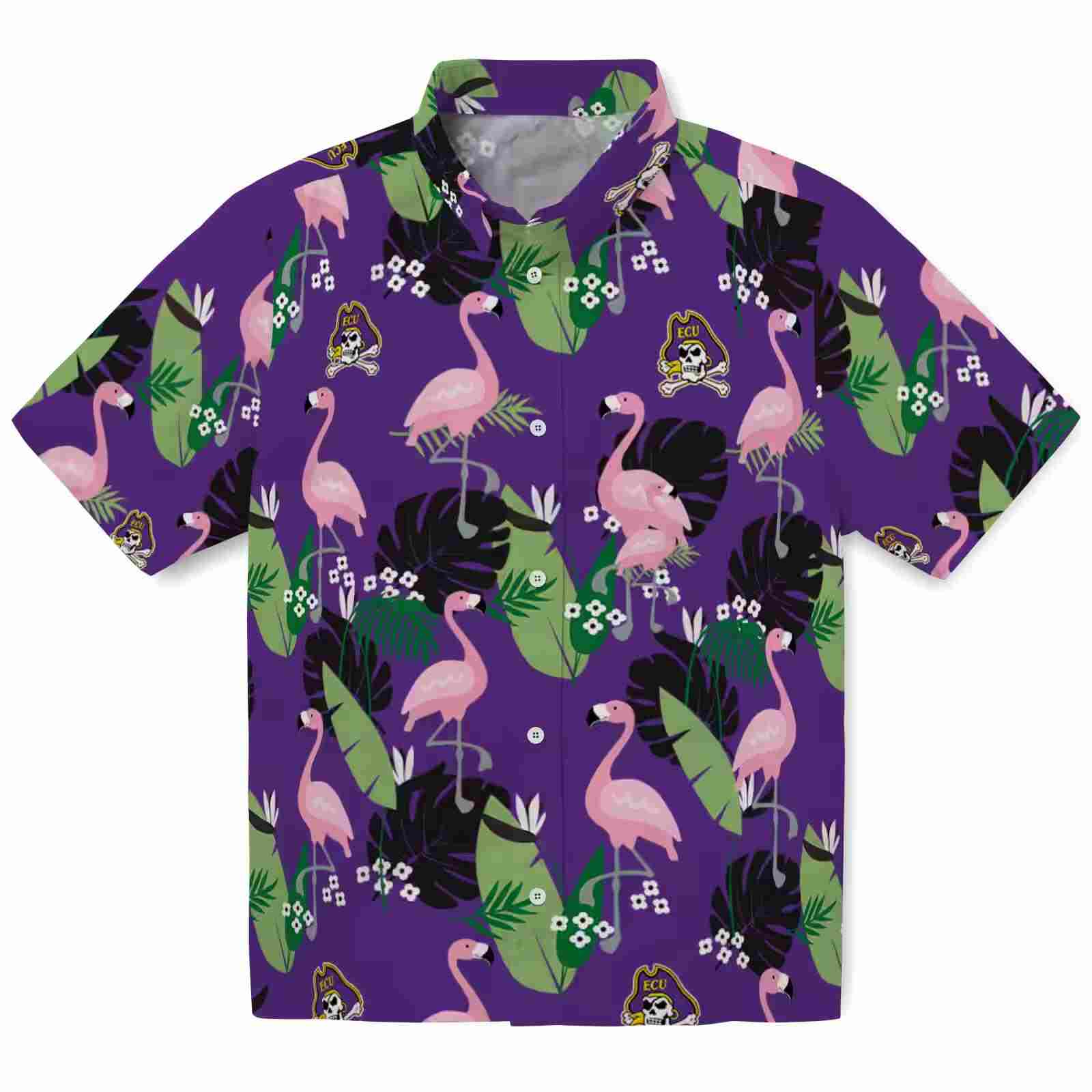 East Carolina Pirates Flamingo Leaf Motif Purple Hawaiian Shirt