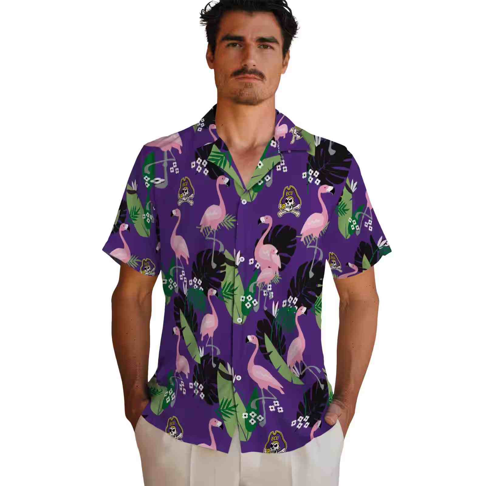 east carolina pirates flamingo leaf motif purple hawaiian shirt fashion forward