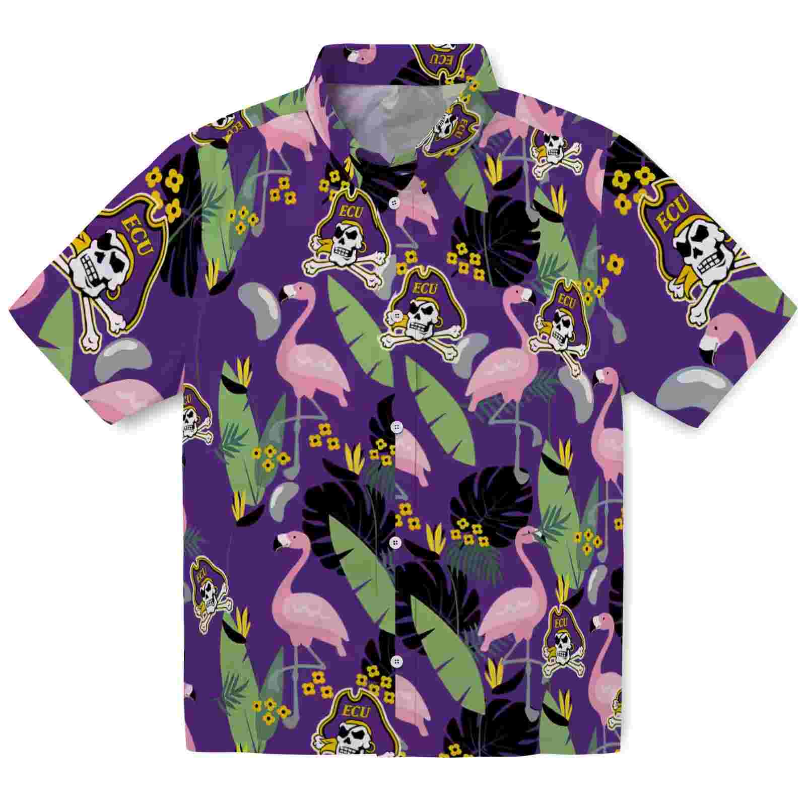 East Carolina Pirates Flamingo Leaves Purple Hawaiian Shirt