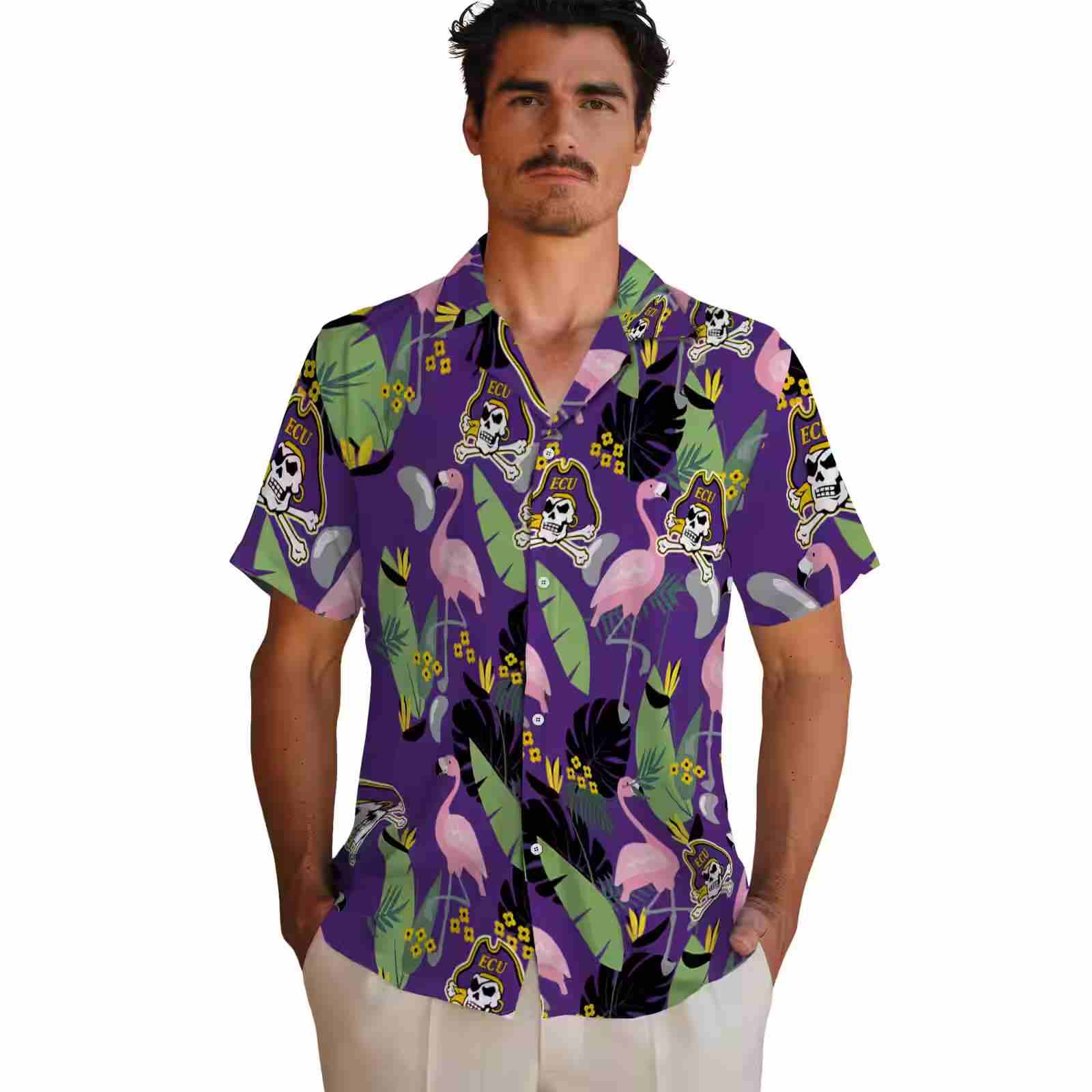 east carolina pirates flamingo leaves purple hawaiian shirt fashion forward