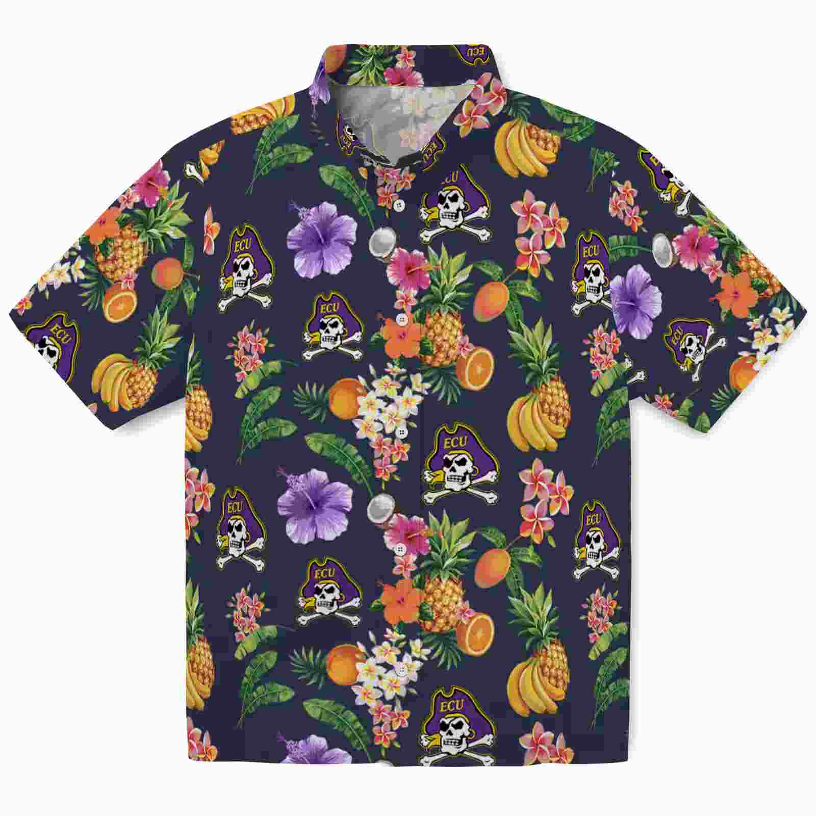 East Carolina Pirates Hibiscus And Fruit Navy Blue Hawaiian Shirt