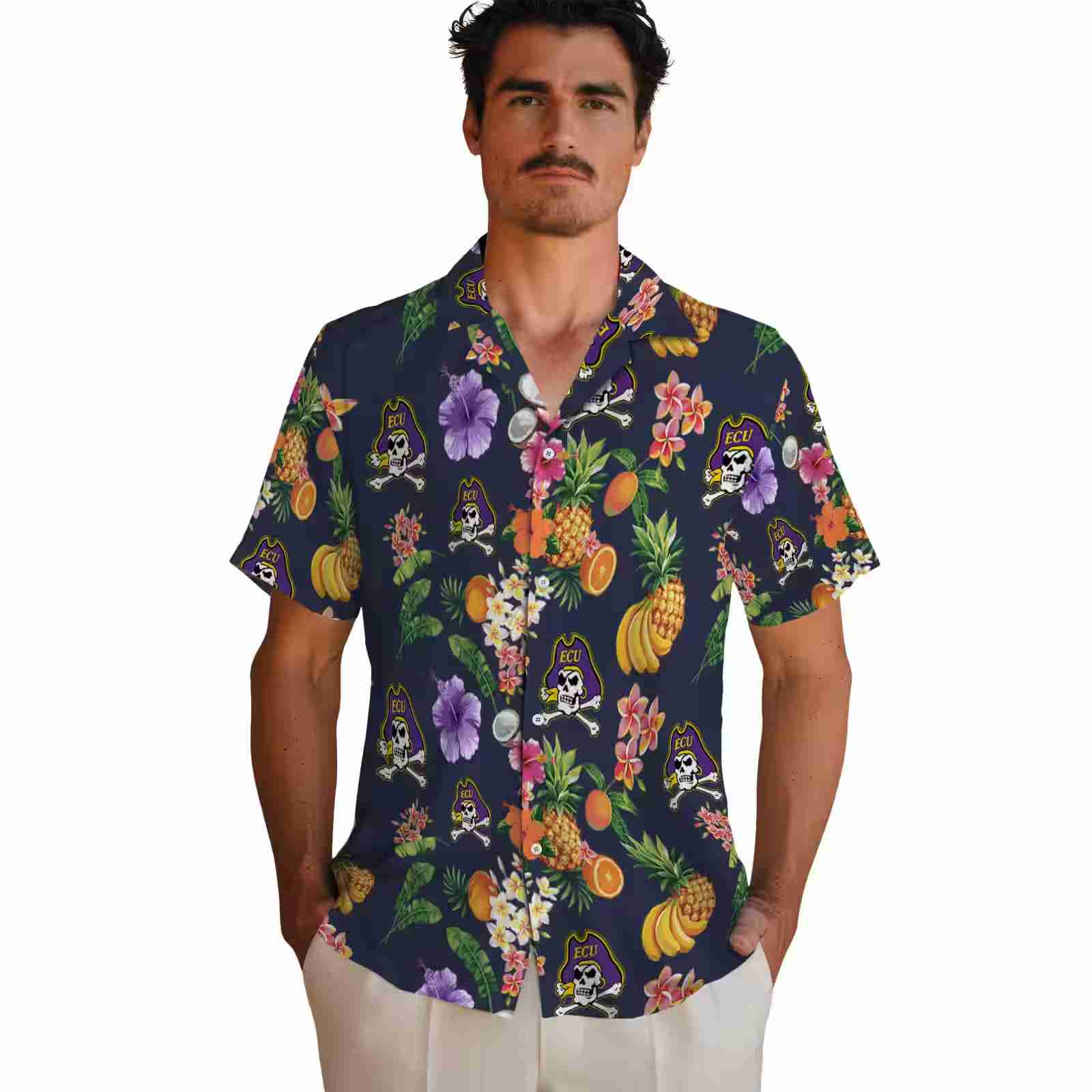 east carolina pirates hibiscus and fruit navy blue hawaiian shirt fashion forward