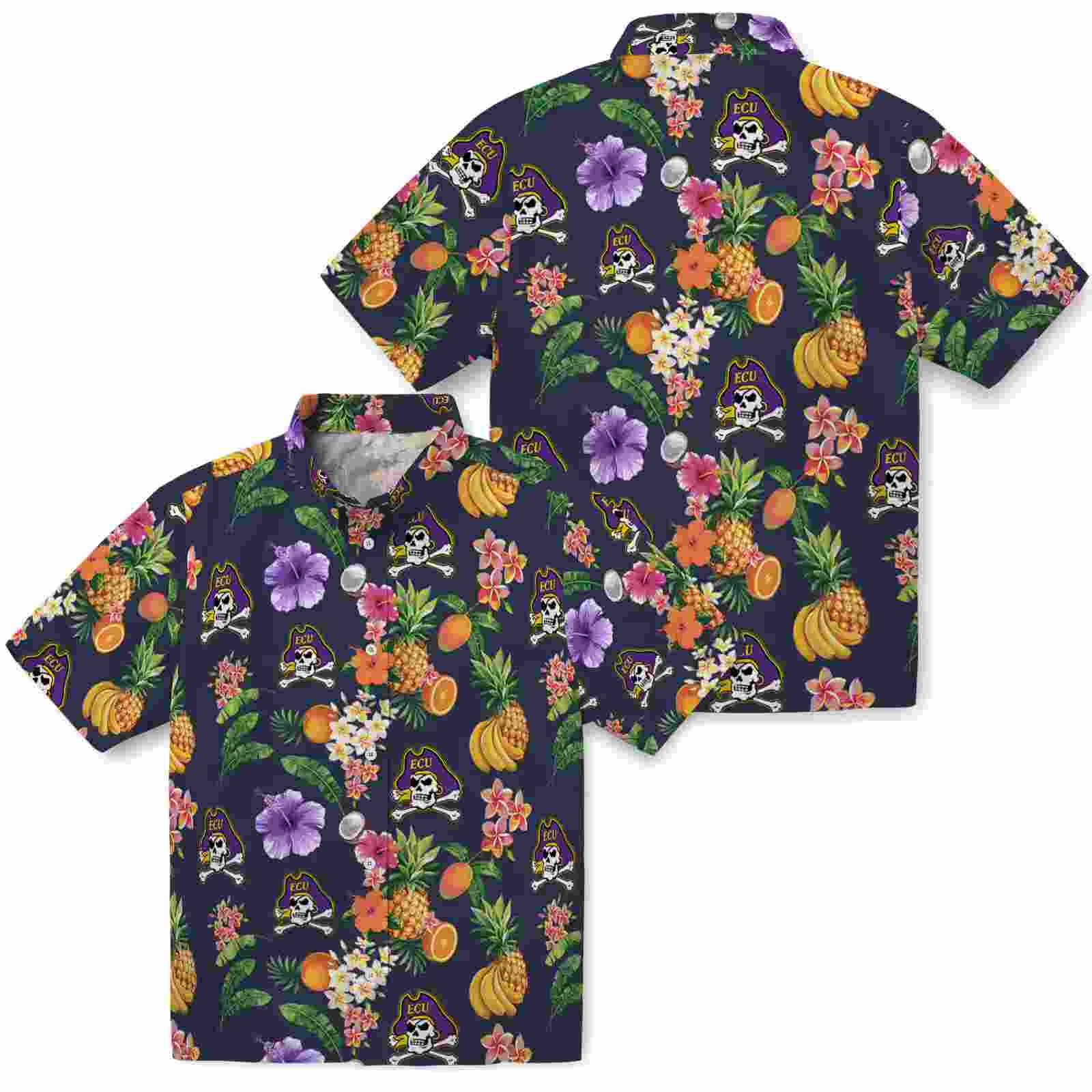 east carolina pirates hibiscus and fruit navy blue hawaiian shirt high quality