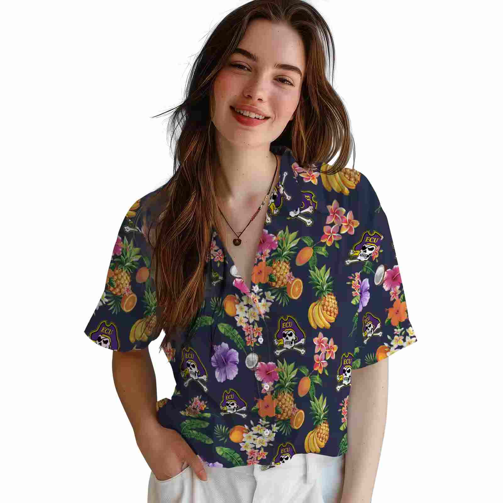 east carolina pirates hibiscus and fruit navy blue hawaiian shirt latest model