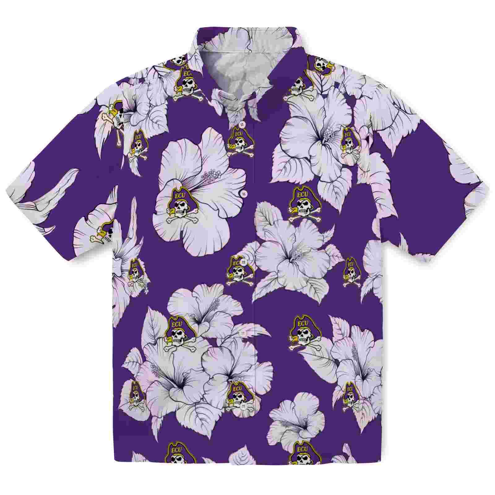 East Carolina Pirates Hibiscus Blooms Purple White Hawaiian Shirt