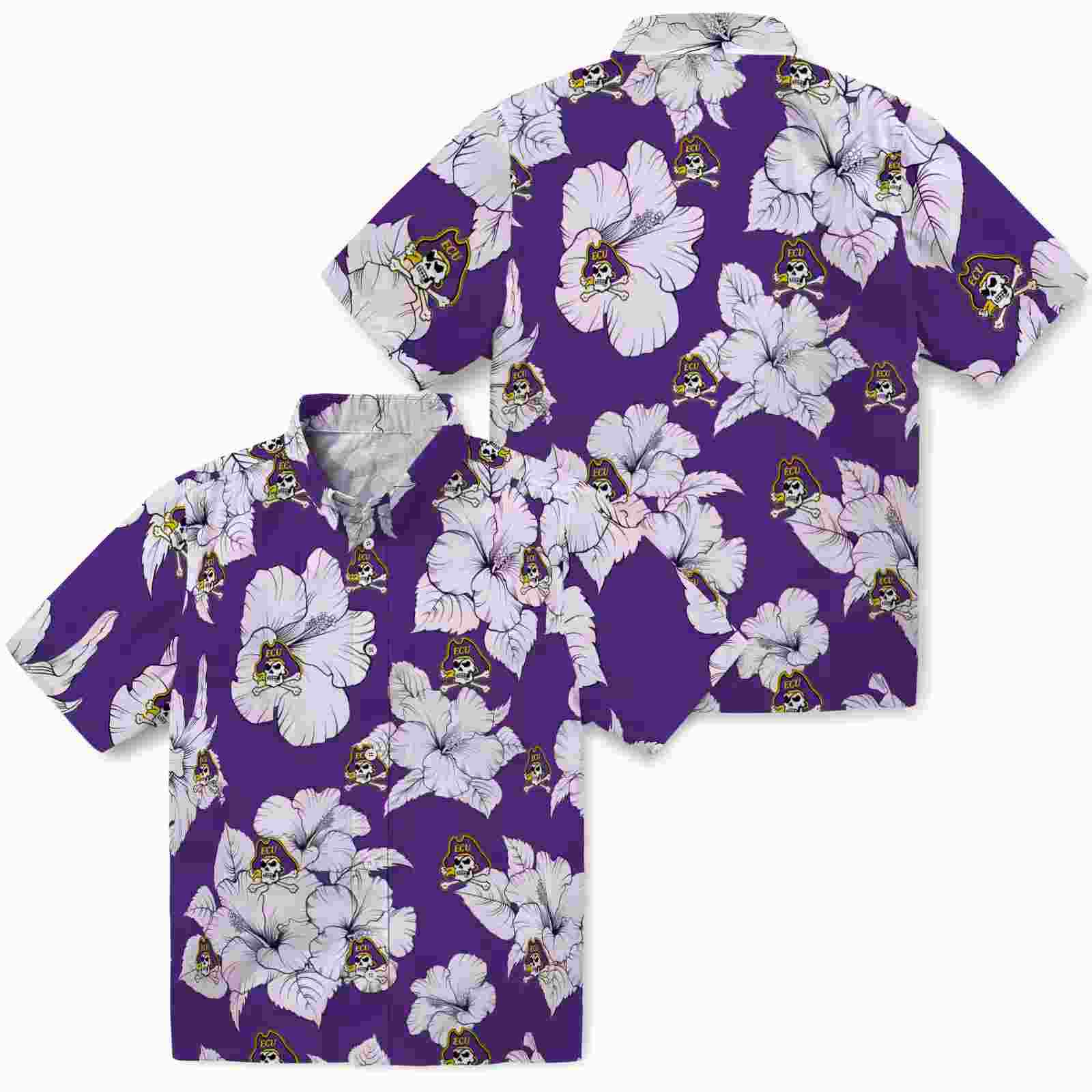 east carolina pirates hibiscus blooms purple white hawaiian shirt high quality