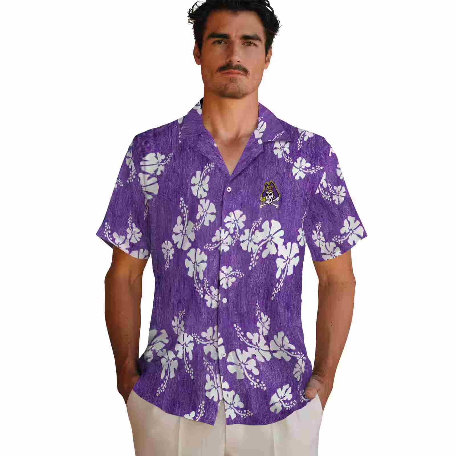 east carolina pirates hibiscus clusters purple hawaiian shirt fashion forward