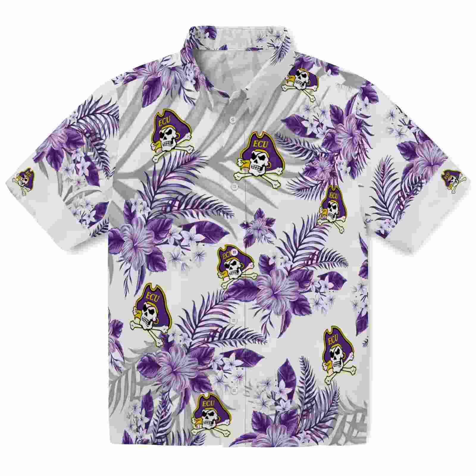 East Carolina Pirates Hibiscus Palm Leaves Purple White Hawaiian Shirt