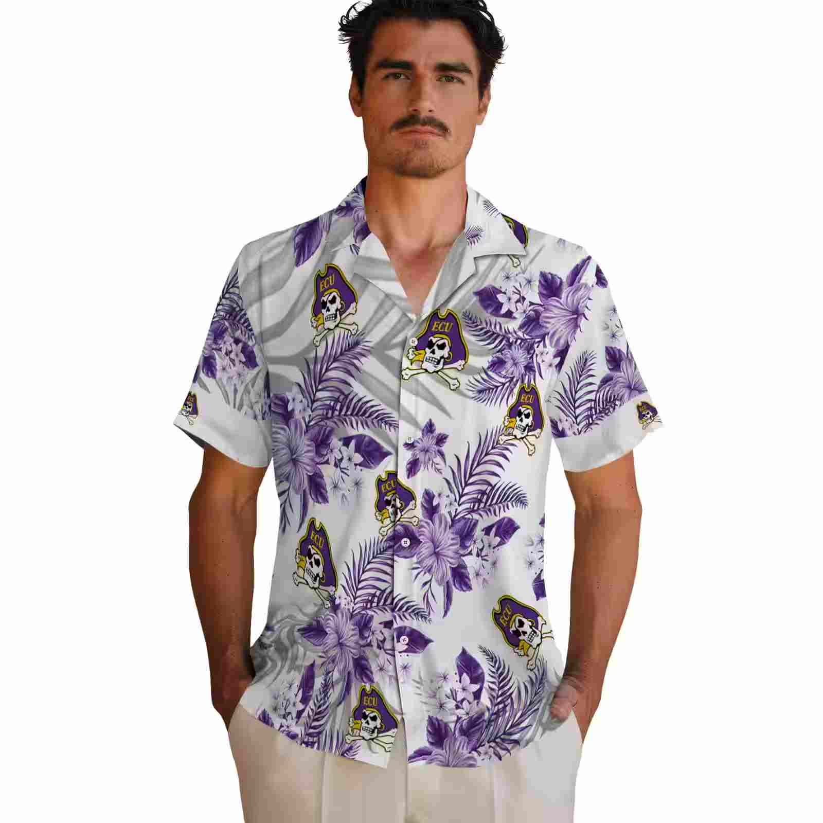 east carolina pirates hibiscus palm leaves purple white hawaiian shirt fashion forward