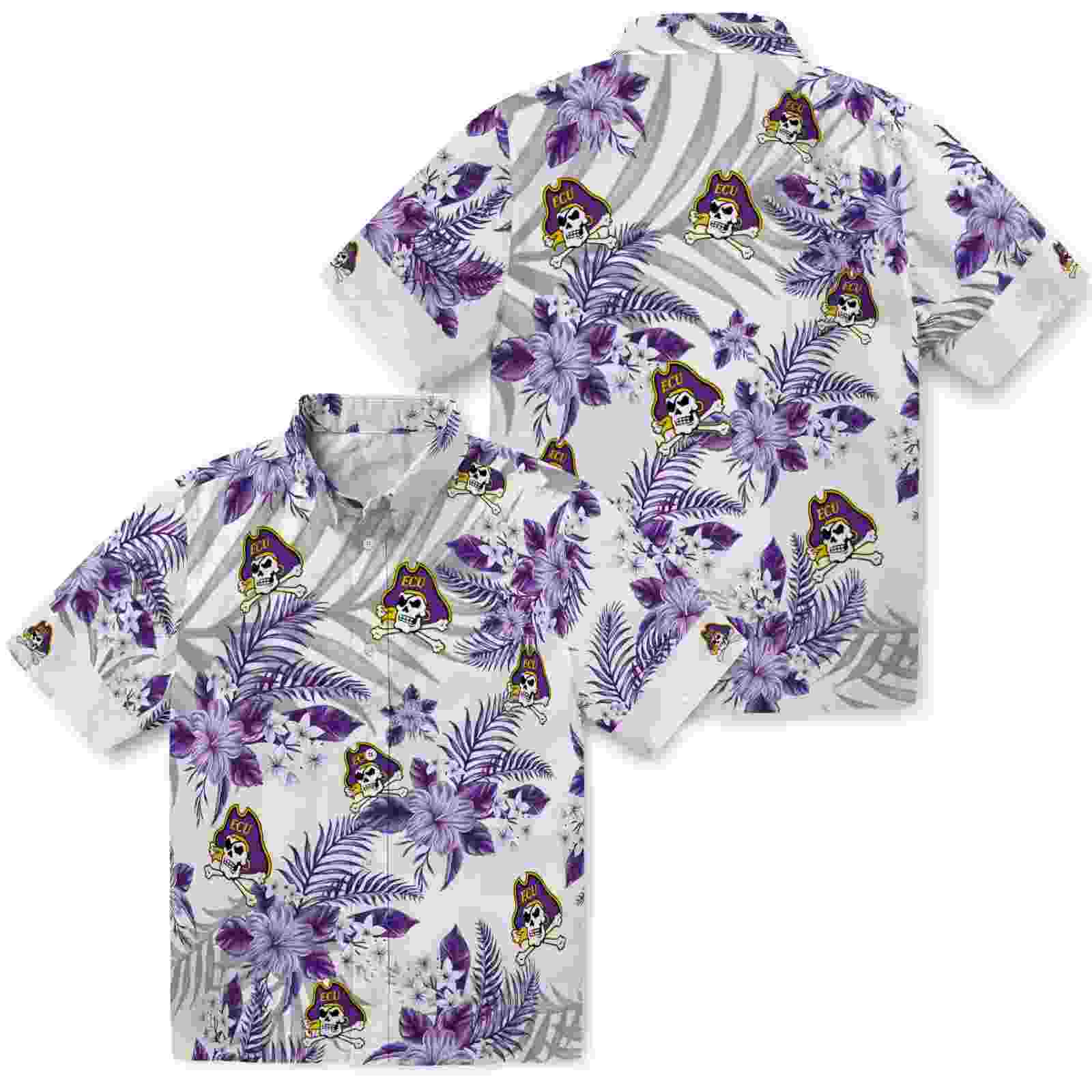 east carolina pirates hibiscus palm leaves purple white hawaiian shirt high quality