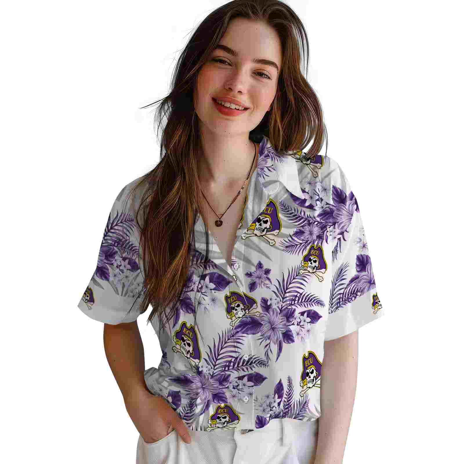 east carolina pirates hibiscus palm leaves purple white hawaiian shirt latest model