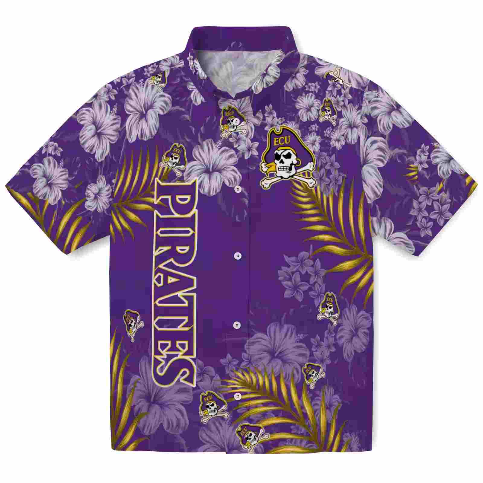 East Carolina Pirates Hibiscus Print Purple Hawaiian Shirt