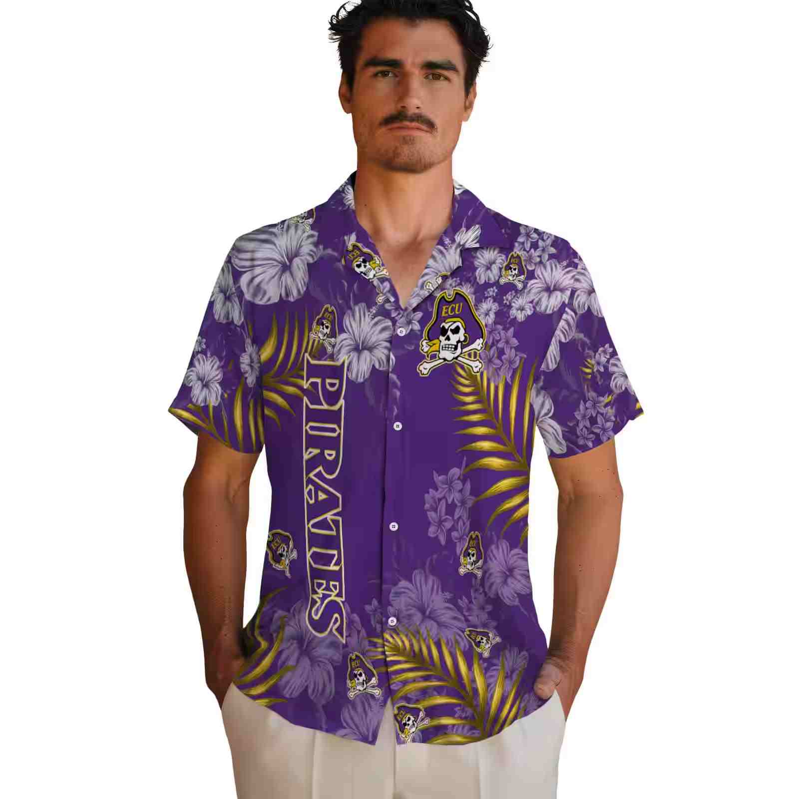 east carolina pirates hibiscus print purple hawaiian shirt fashion forward