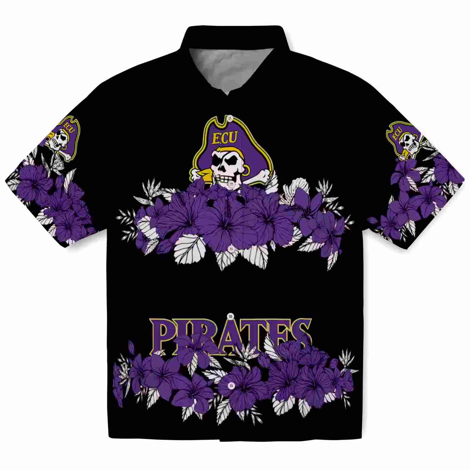 East Carolina Pirates Hibiscus Stripe Purple Black Hawaiian Shirt