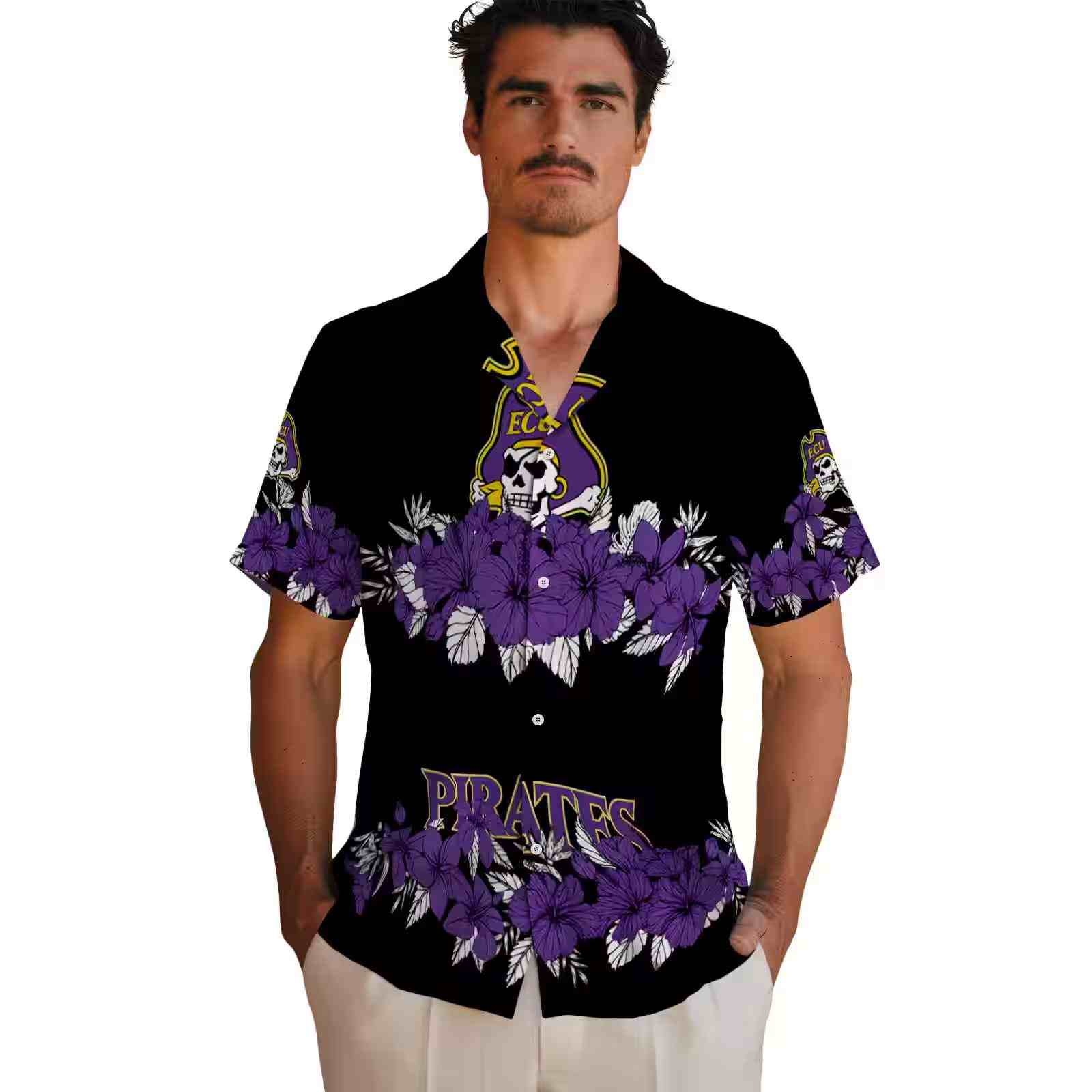 east carolina pirates hibiscus stripe purple black hawaiian shirt fashion forward