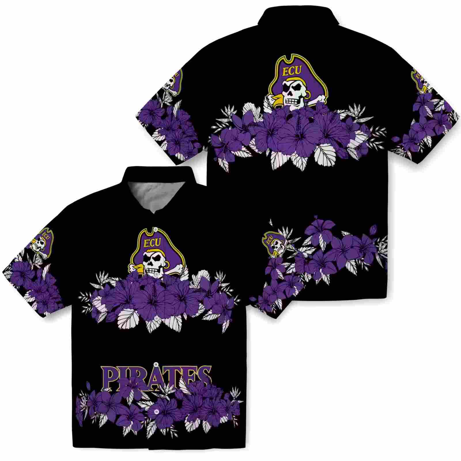 east carolina pirates hibiscus stripe purple black hawaiian shirt high quality