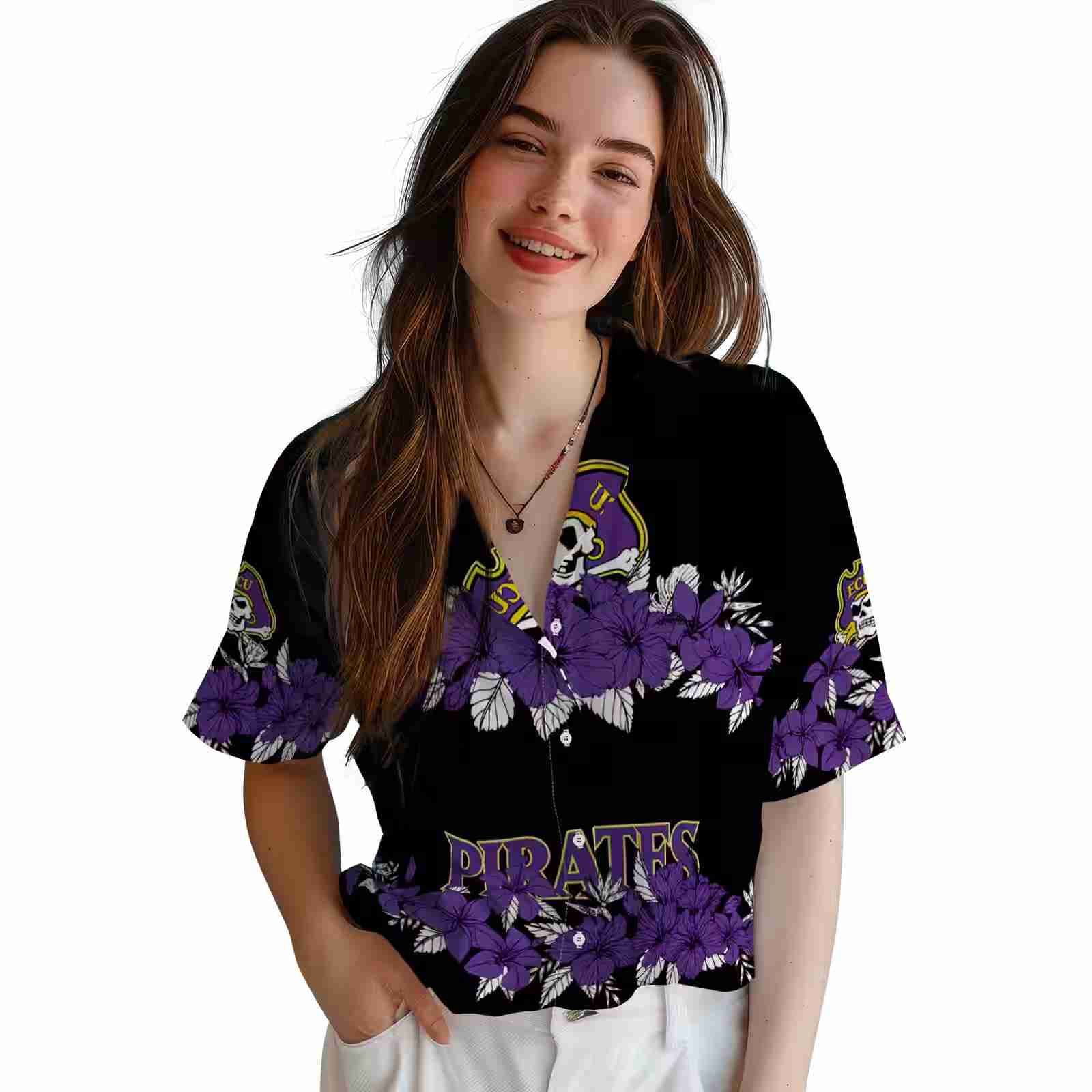 east carolina pirates hibiscus stripe purple black hawaiian shirt latest model