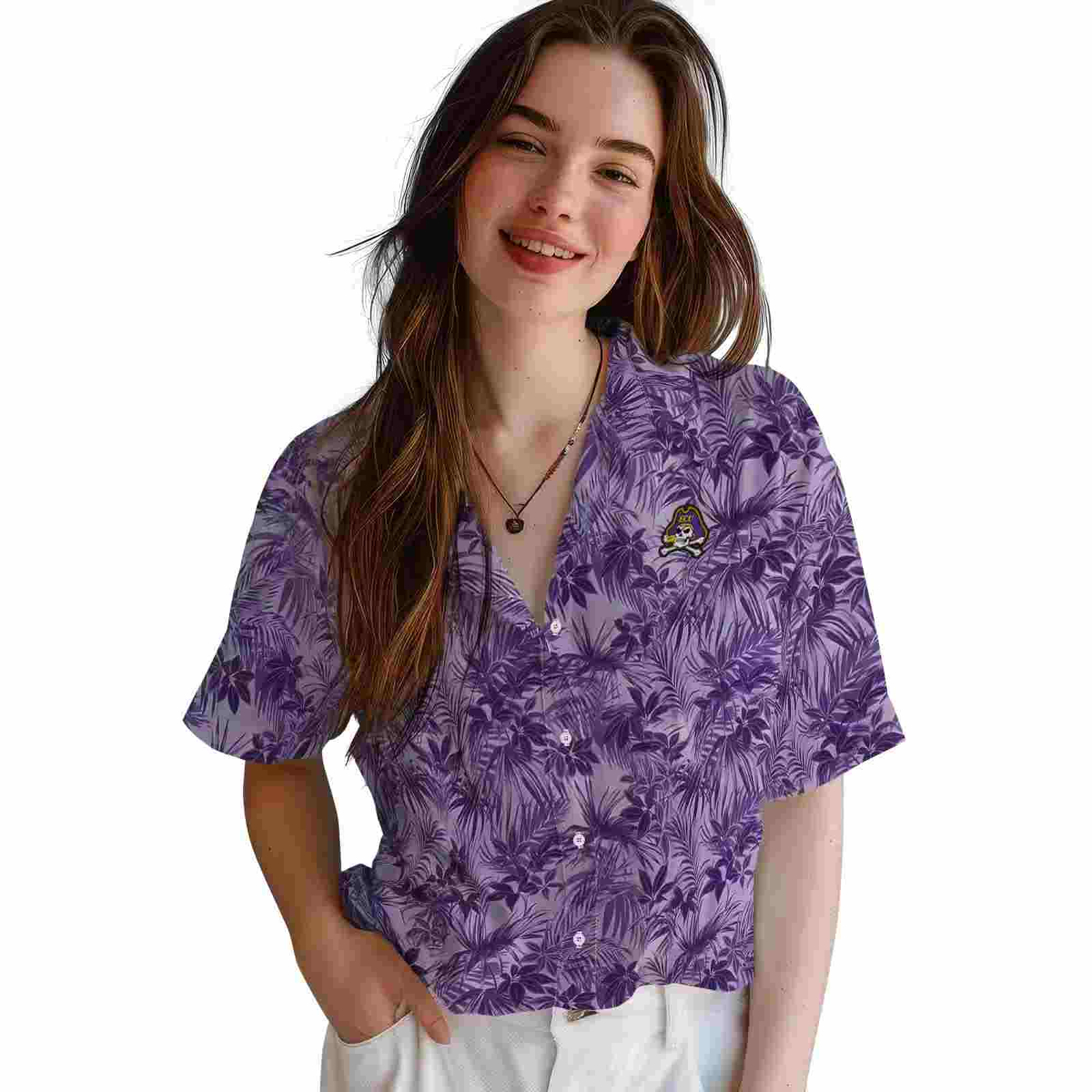 east carolina pirates leafy pattern purple hawaiian shirt latest model