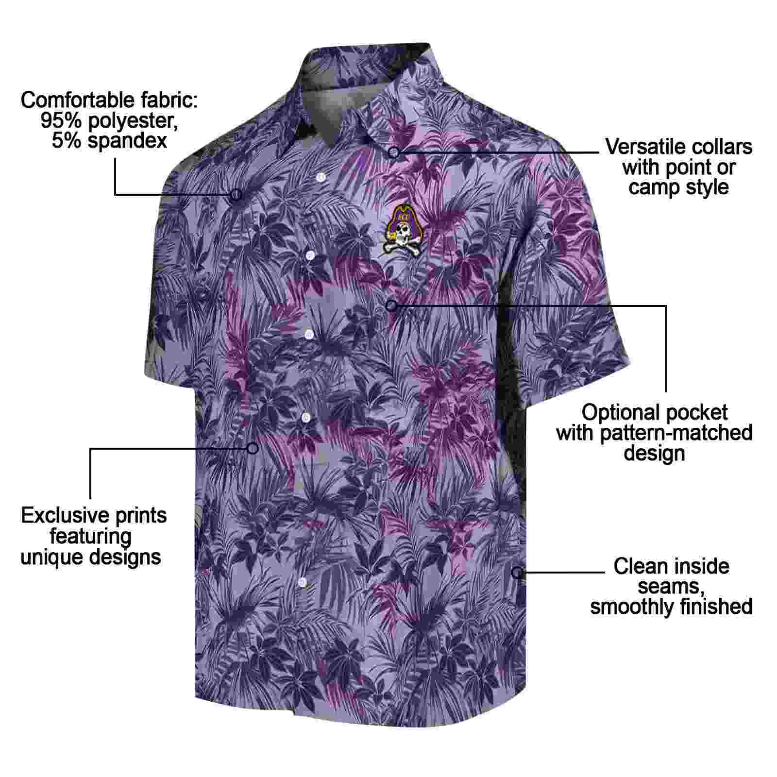 east carolina pirates leafy pattern purple hawaiian shirt new arrival