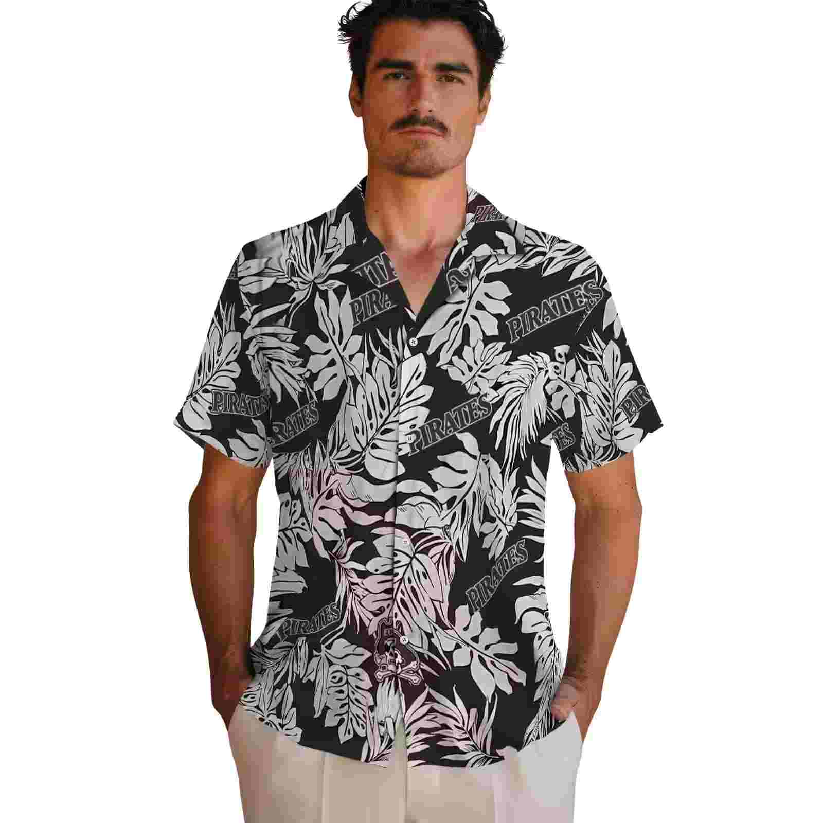 east carolina pirates monstera leaf pattern black hawaiian shirt fashion forward