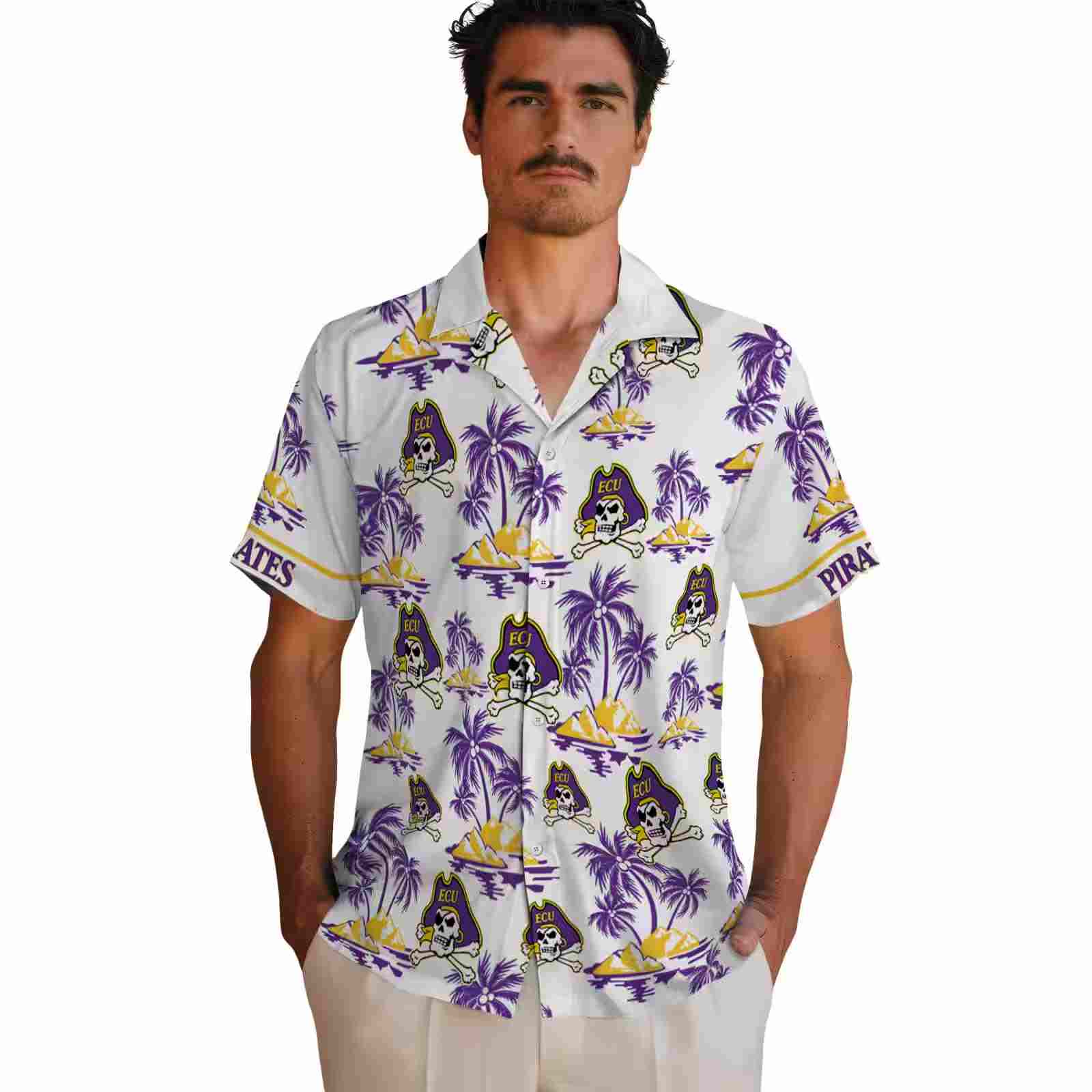 east carolina pirates palm island print purple white hawaiian shirt fashion forward