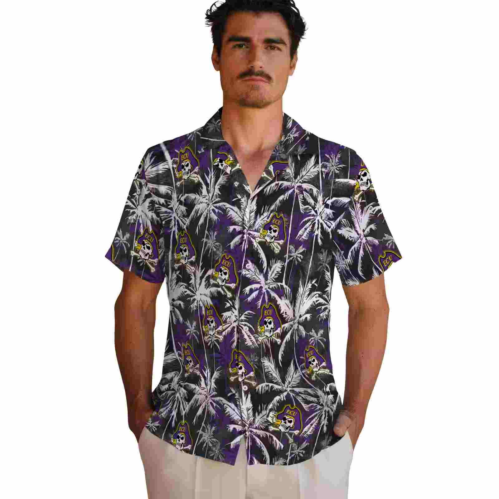 east carolina pirates palm pattern purple black hawaiian shirt fashion forward