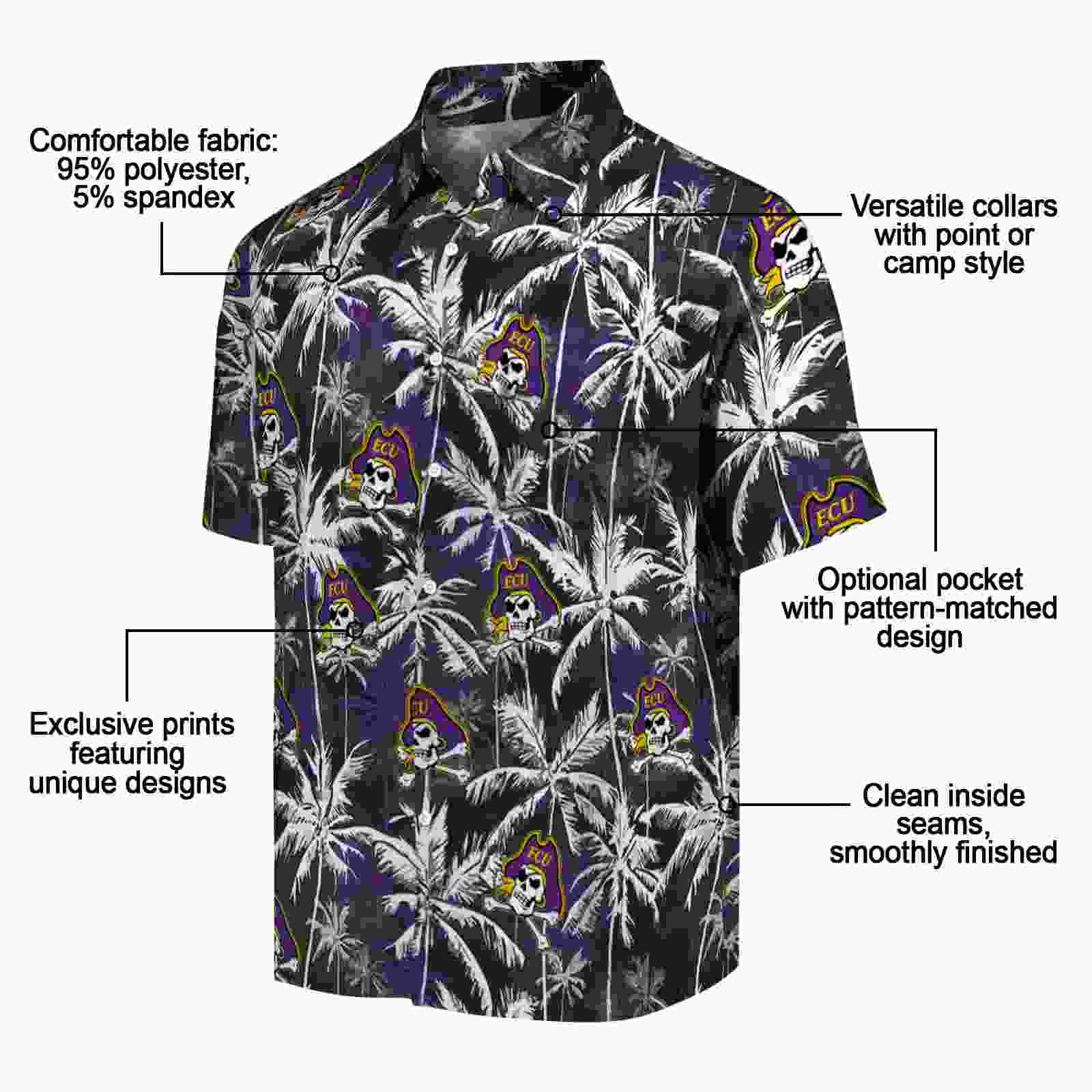 east carolina pirates palm pattern purple black hawaiian shirt new arrival