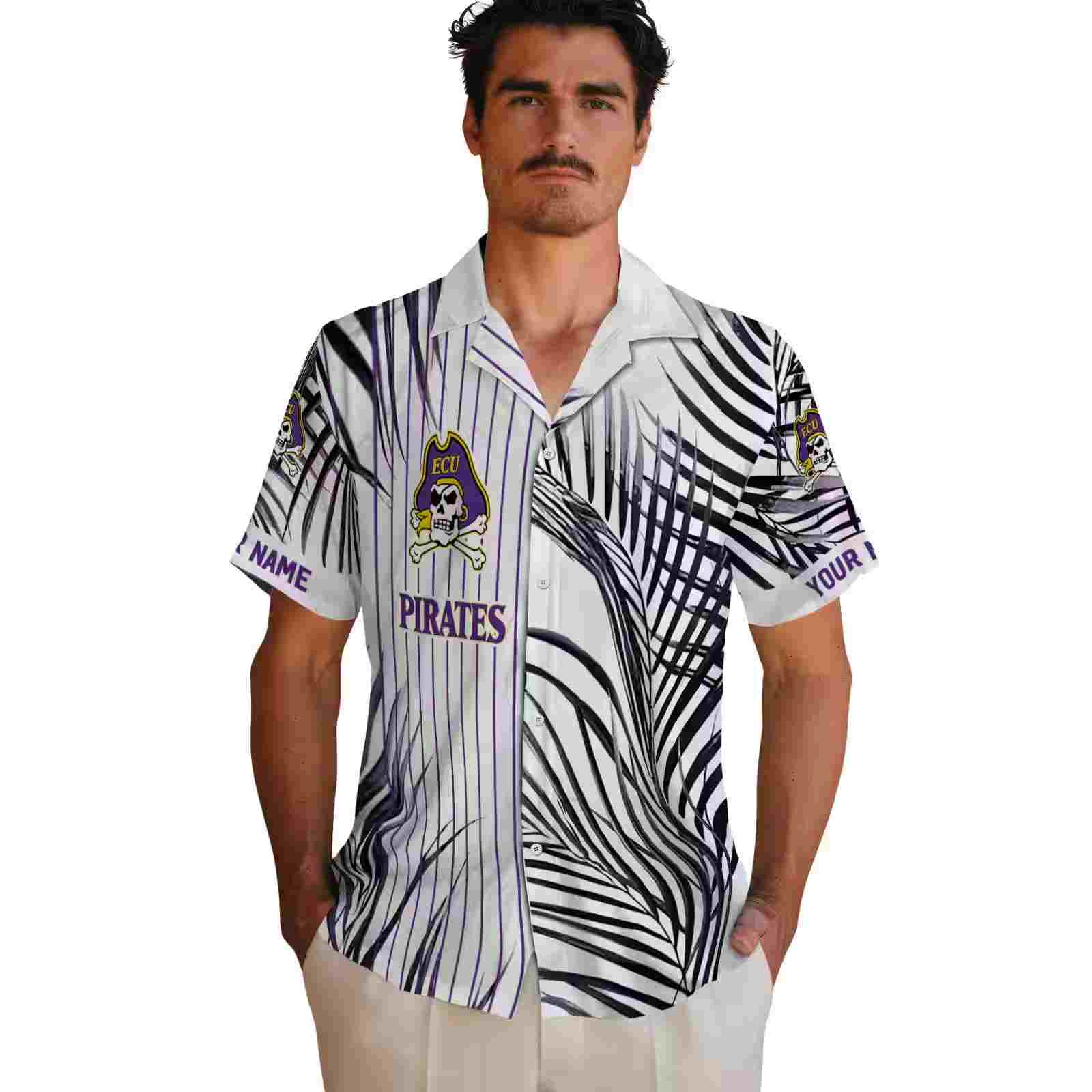 east carolina pirates palm stripes purple black white hawaiian shirt fashion forward