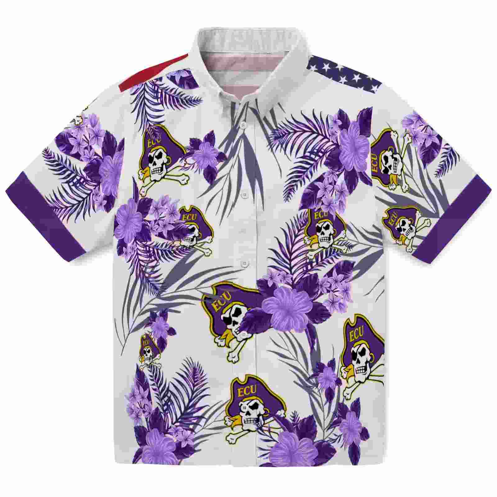 East Carolina Pirates Patriotic Hibiscus Design Purple White Hawaiian Shirt