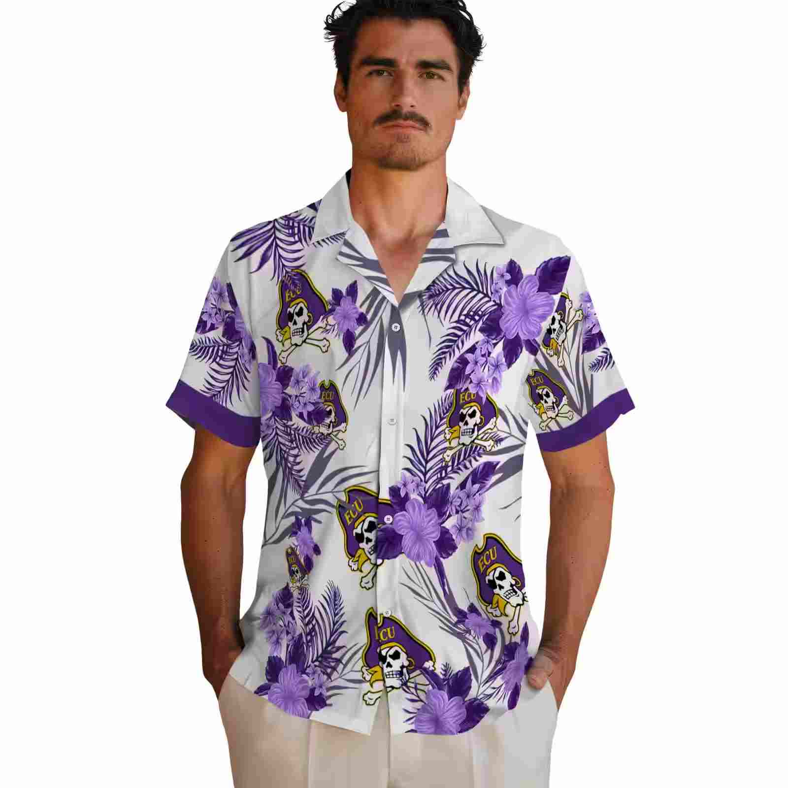 east carolina pirates patriotic hibiscus design purple white hawaiian shirt fashion forward