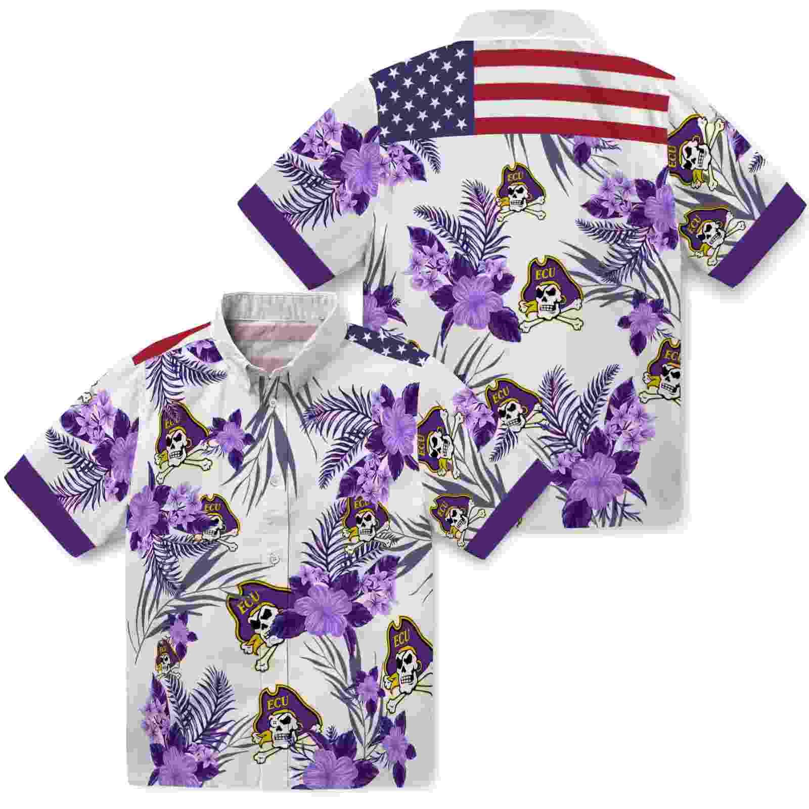 east carolina pirates patriotic hibiscus design purple white hawaiian shirt high quality