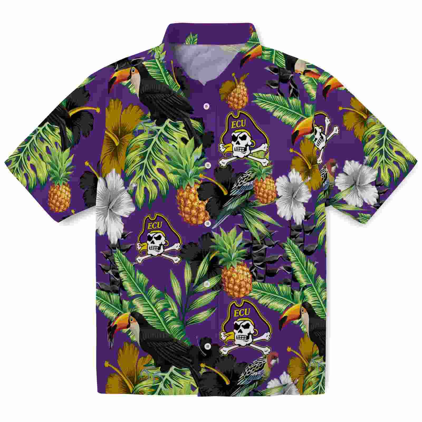 East Carolina Pirates Toucan Hibiscus Pineapple Purple Green Hawaiian Shirt