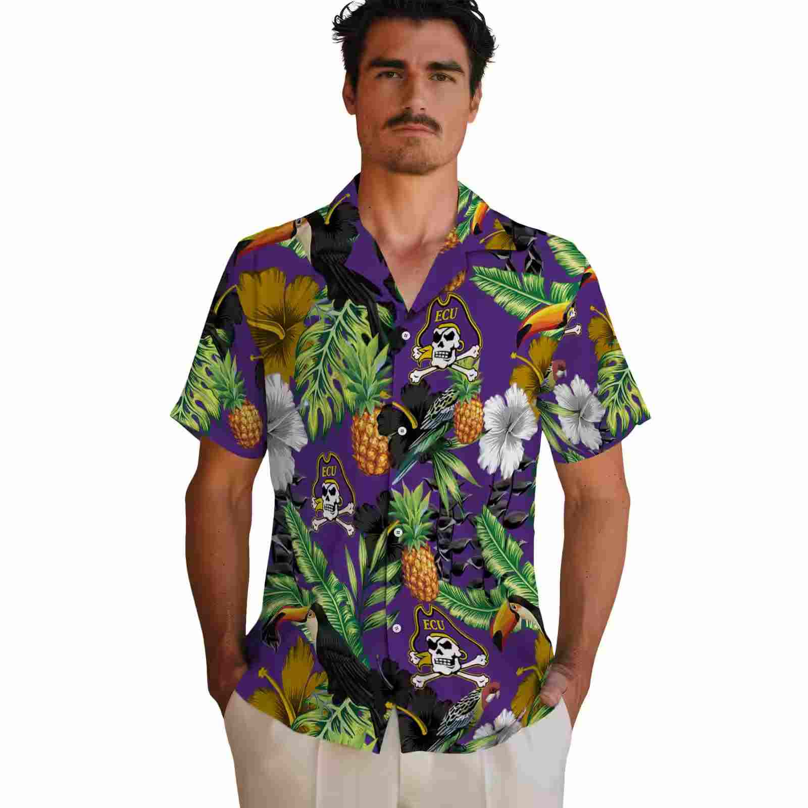 east carolina pirates toucan hibiscus pineapple purple green hawaiian shirt fashion forward