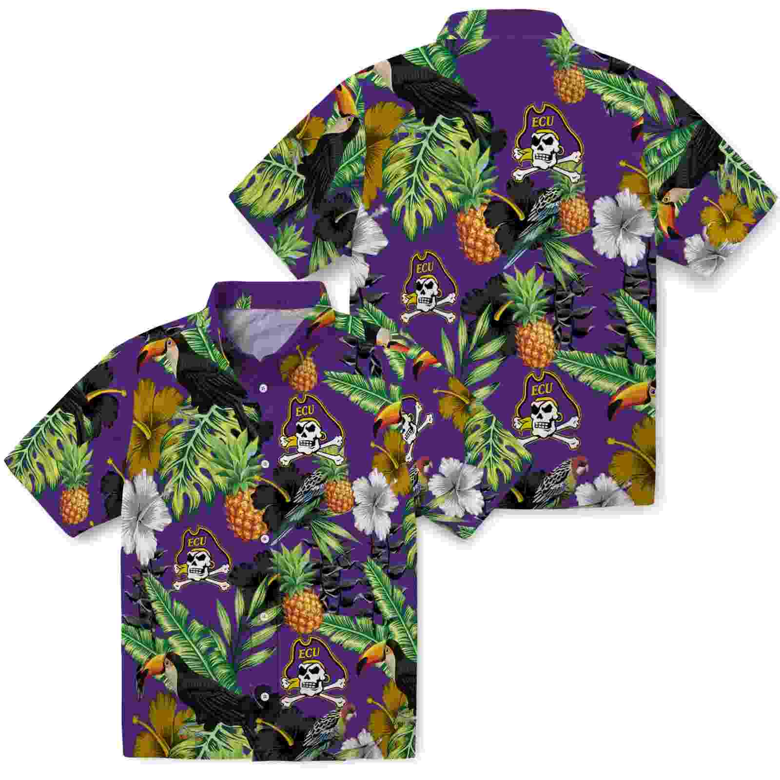 east carolina pirates toucan hibiscus pineapple purple green hawaiian shirt high quality