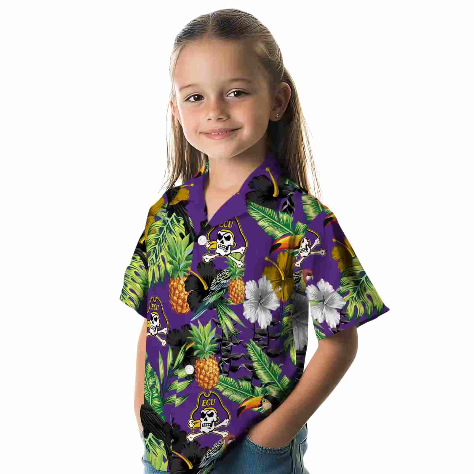 east carolina pirates toucan hibiscus pineapple purple green hawaiian shirt premium grade