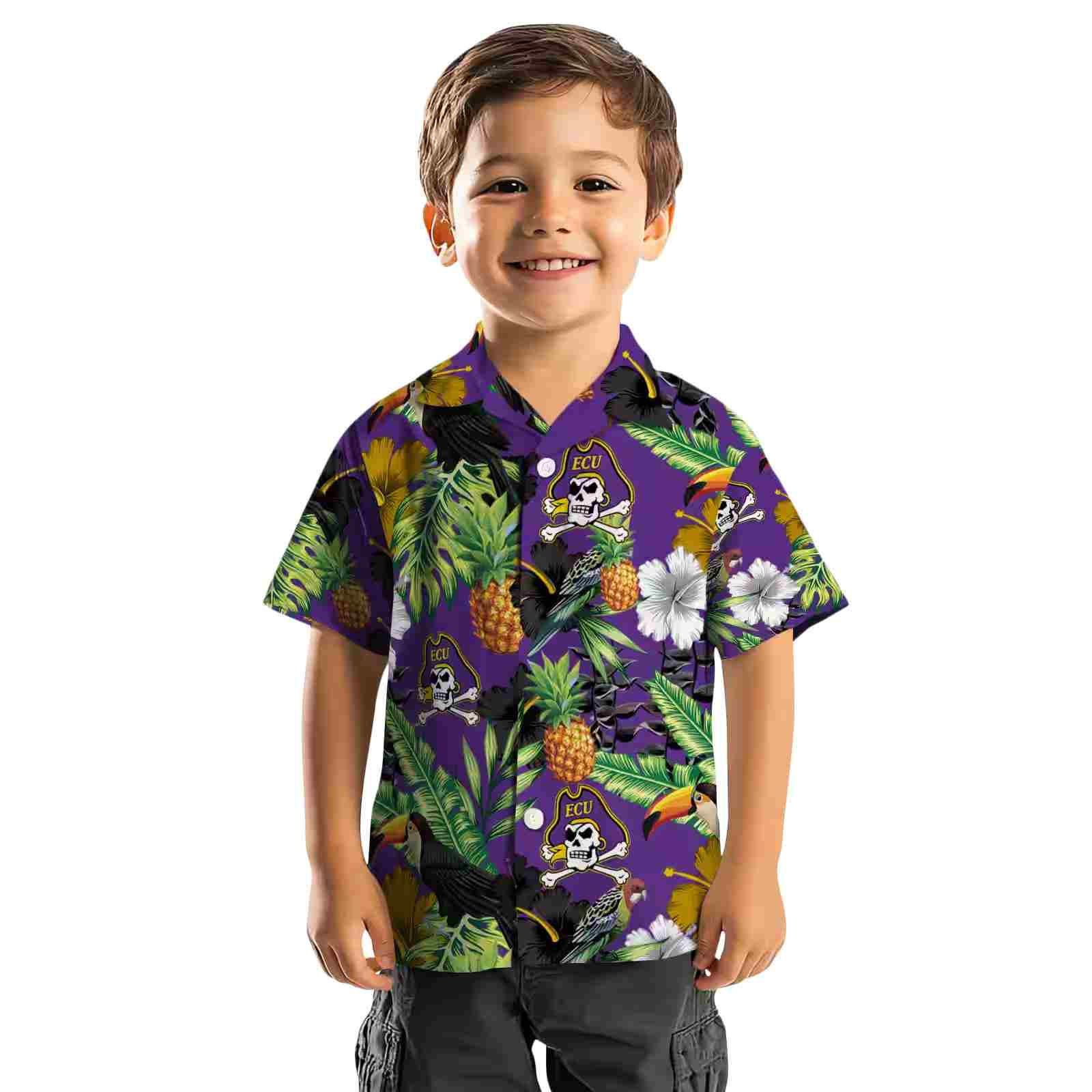 east carolina pirates toucan hibiscus pineapple purple green hawaiian shirt top rated