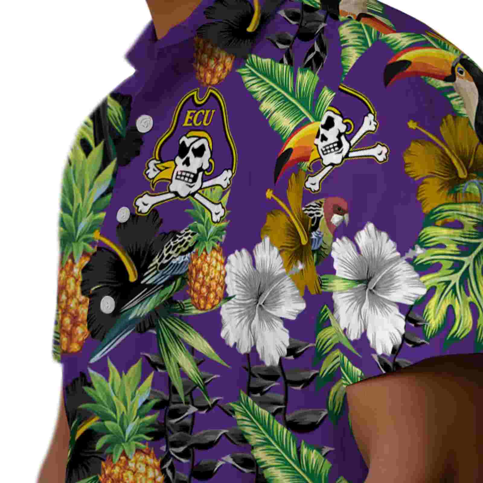 east carolina pirates toucan hibiscus pineapple purple green hawaiian shirt trendy