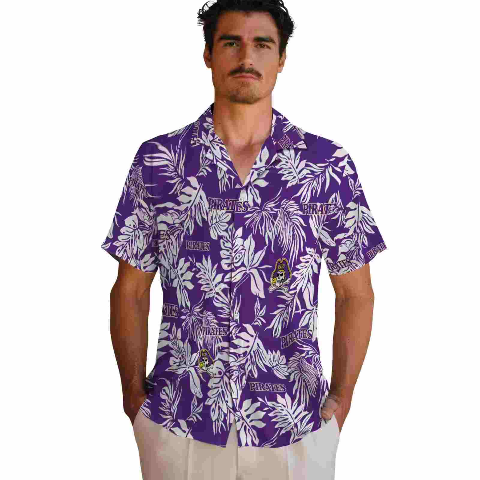 east carolina pirates tropical leaf purple white hawaiian shirt fashion forward