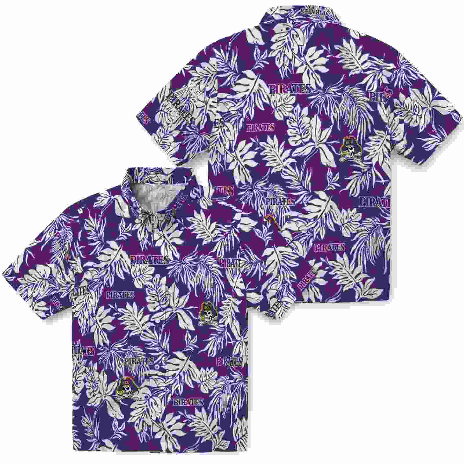 east carolina pirates tropical leaf purple white hawaiian shirt high quality