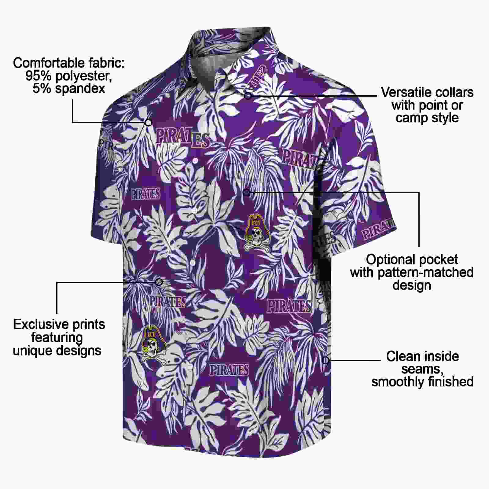 east carolina pirates tropical leaf purple white hawaiian shirt new arrival