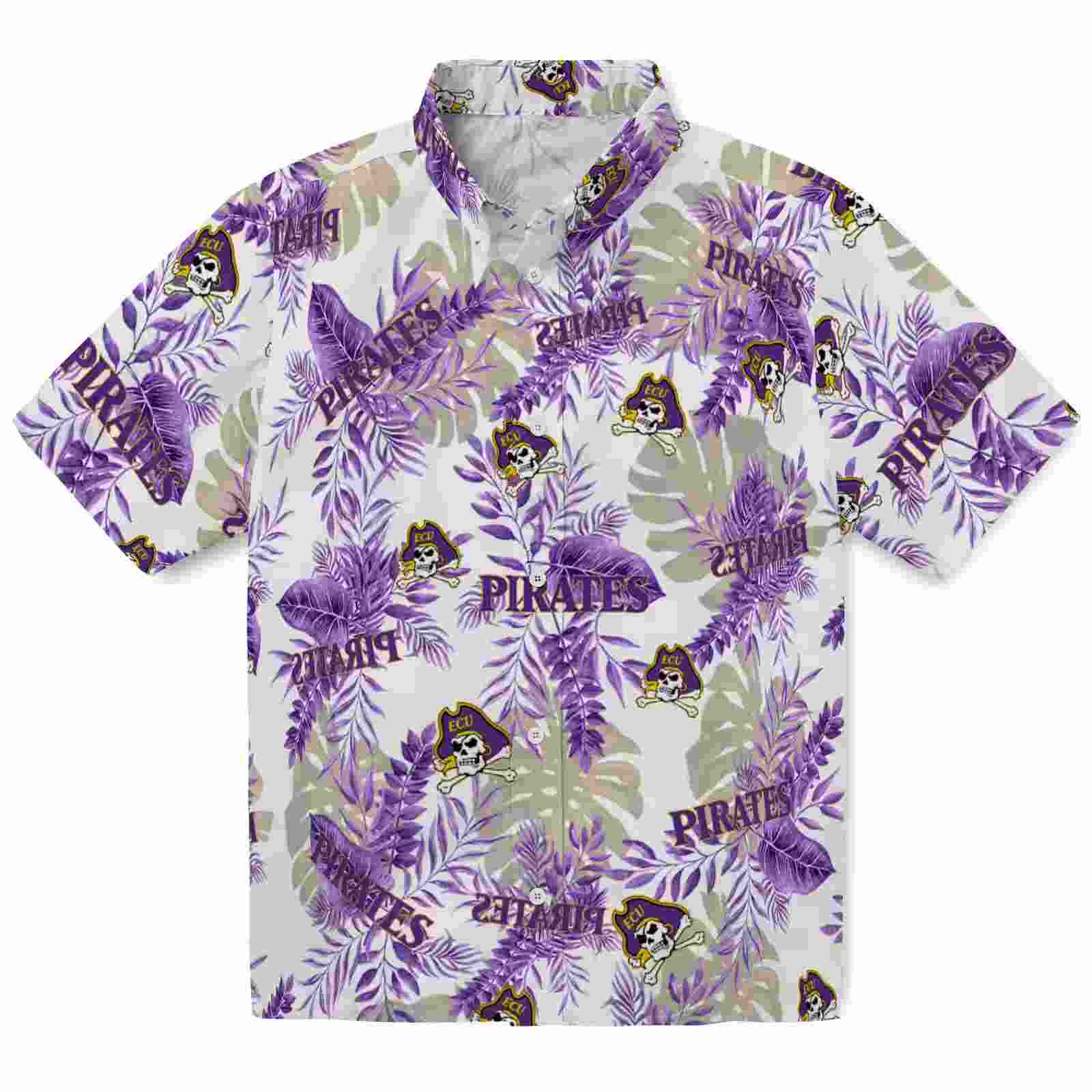 East Carolina Pirates Tropical Leaves Purple White Hawaiian Shirt