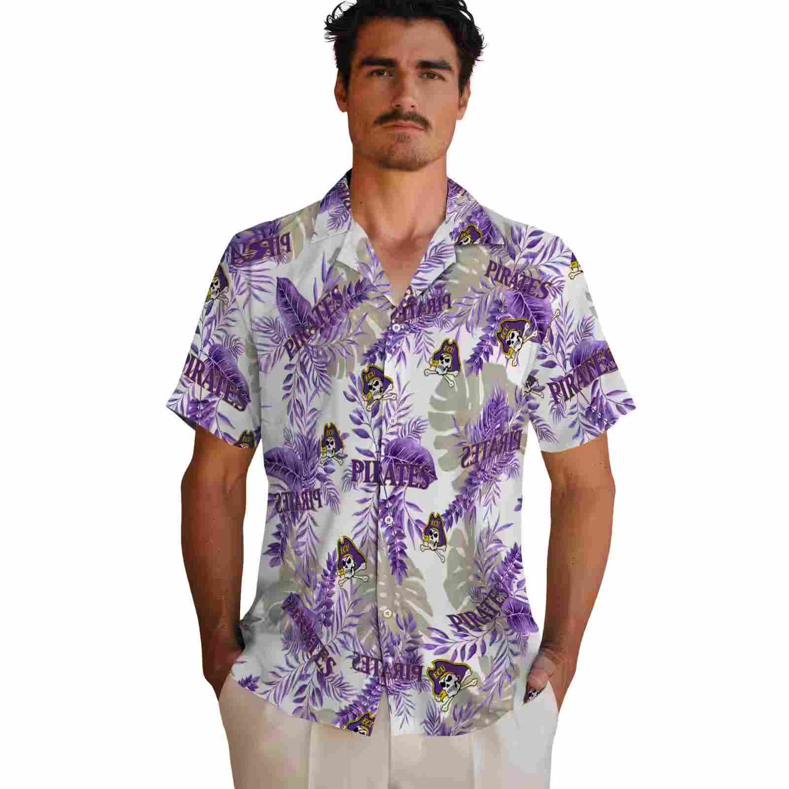 east carolina pirates tropical leaves purple white hawaiian shirt fashion forward