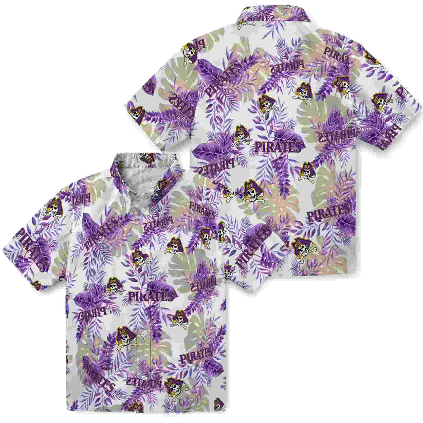 east carolina pirates tropical leaves purple white hawaiian shirt high quality