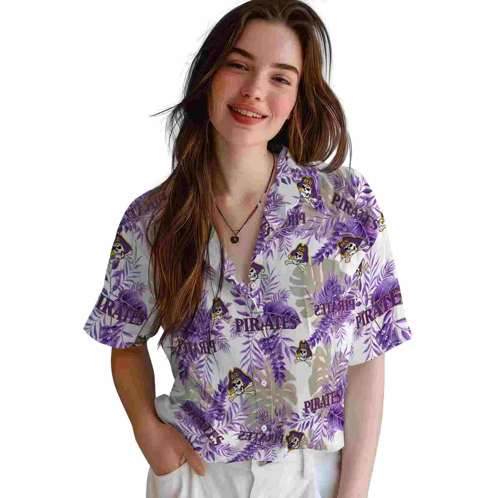 east carolina pirates tropical leaves purple white hawaiian shirt latest model