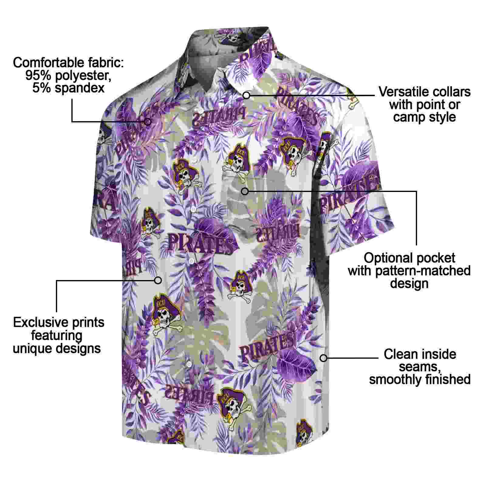 east carolina pirates tropical leaves purple white hawaiian shirt new arrival