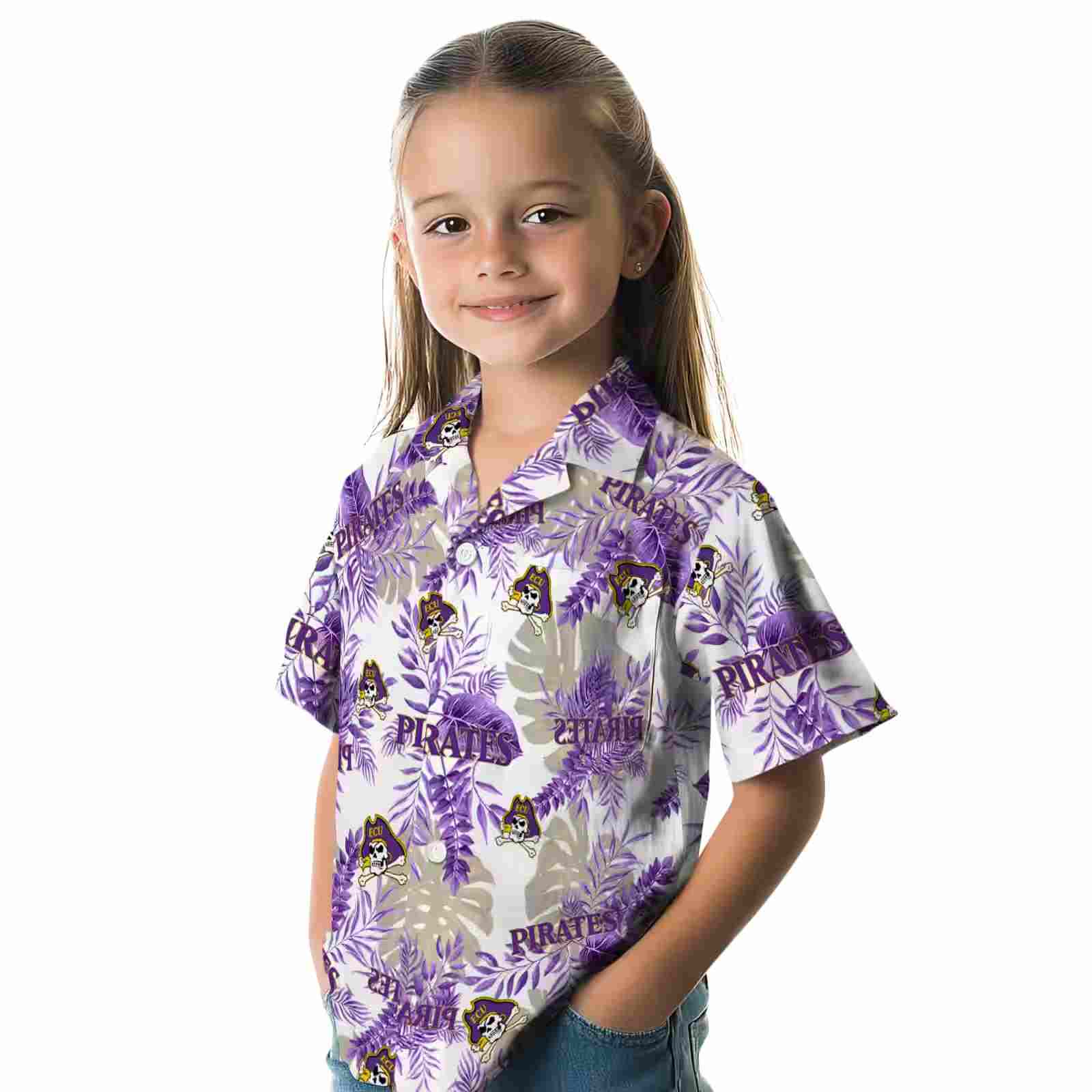 east carolina pirates tropical leaves purple white hawaiian shirt premium grade