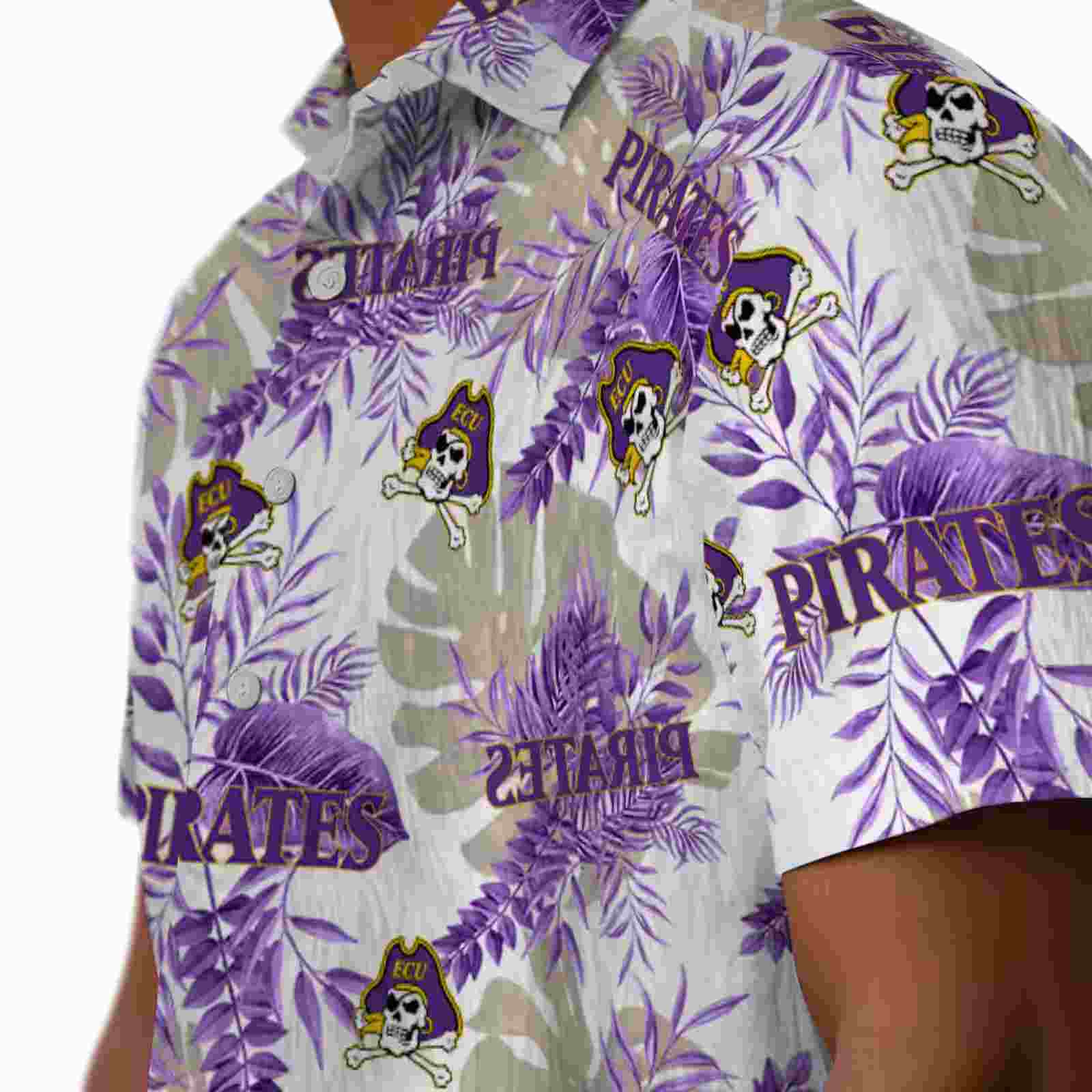 east carolina pirates tropical leaves purple white hawaiian shirt trendy