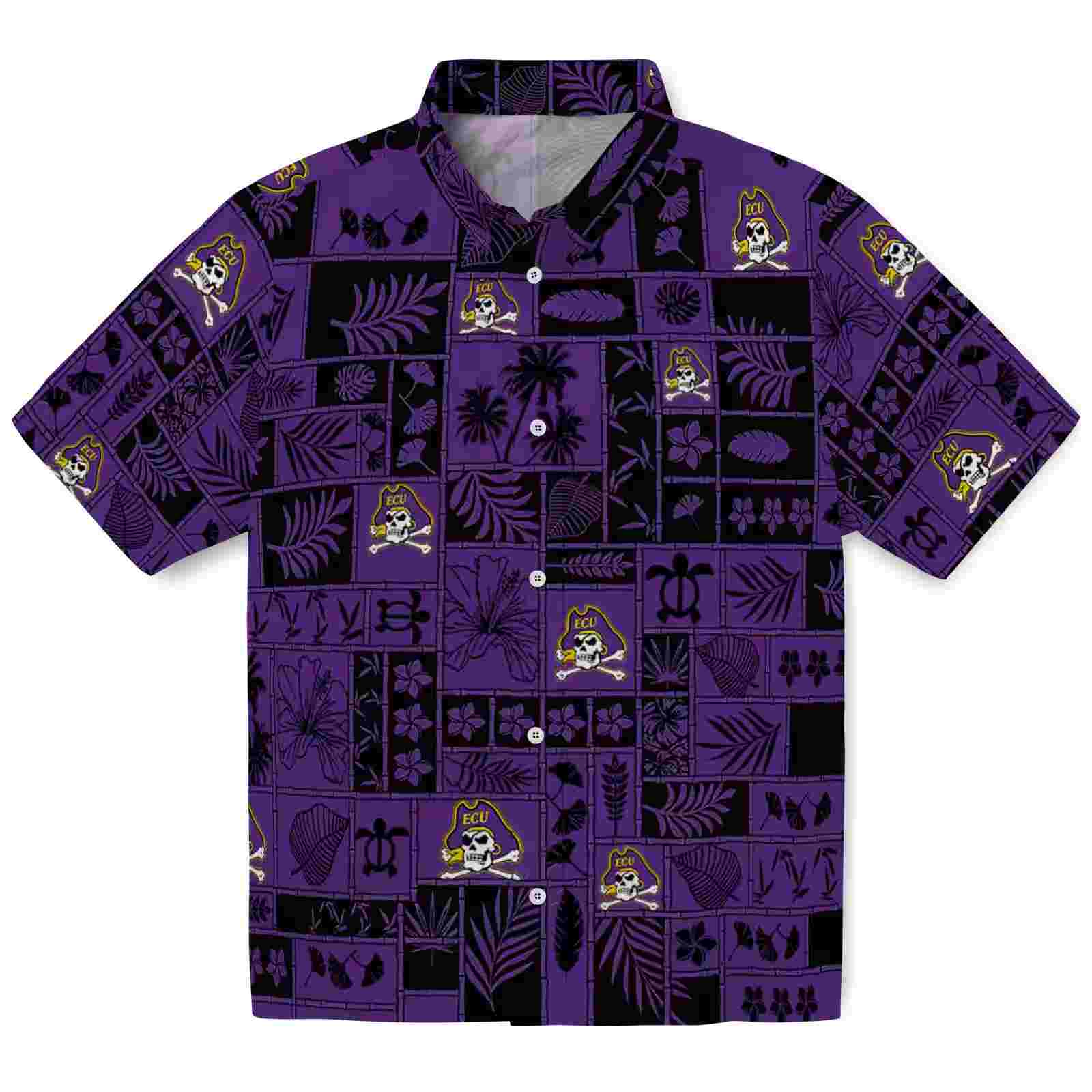 East Carolina Pirates Tropical Patchwork Purple Black Hawaiian Shirt